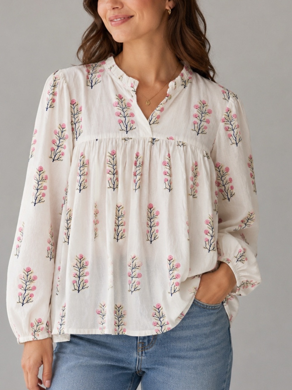 NEW Joshi Karina Pink Floral Print Peasant Blouse Boho Long Sleeve Top XS